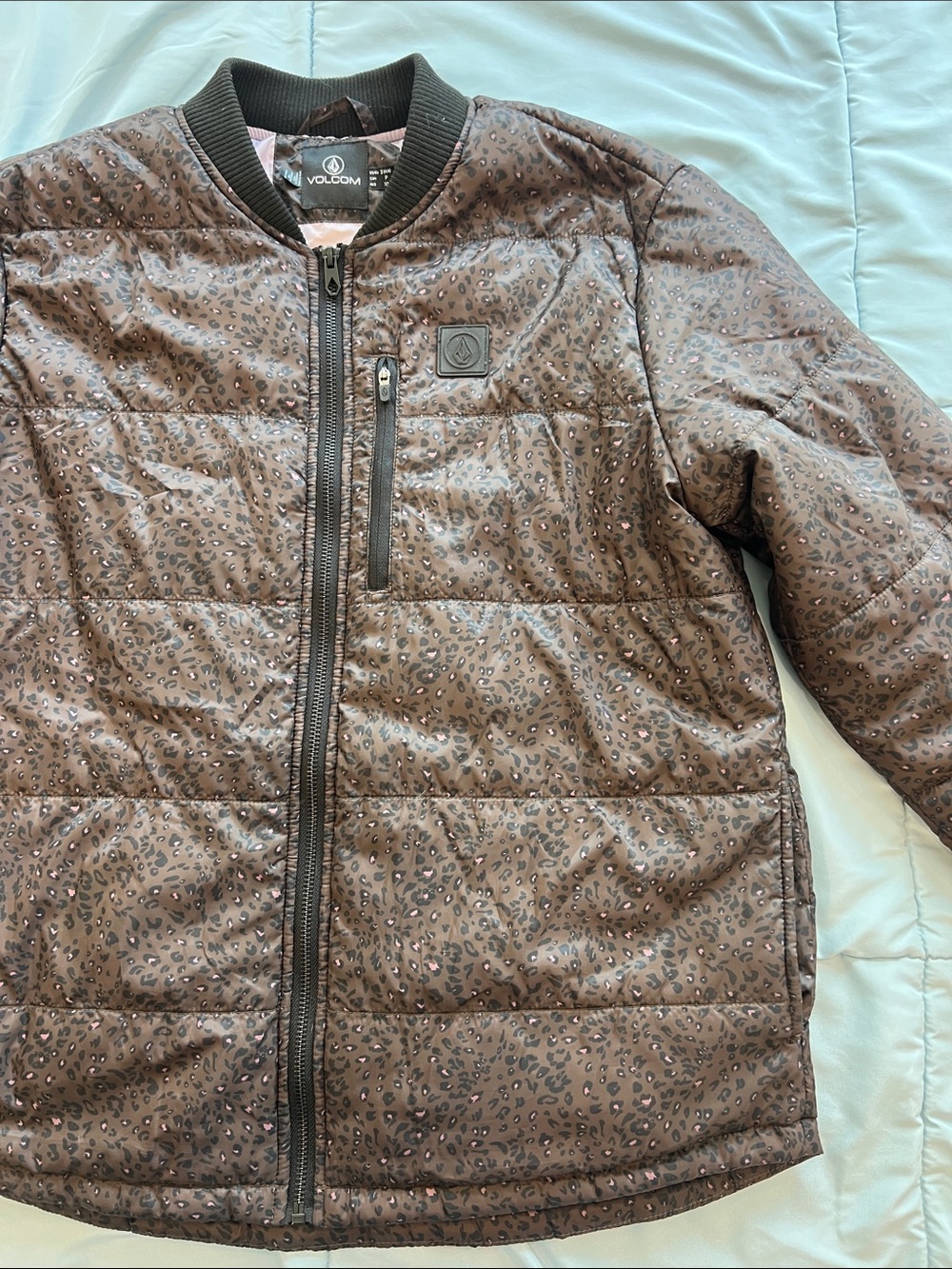 Volcom Women’s Brown and Pink Leopard-Print Puffer Jacket